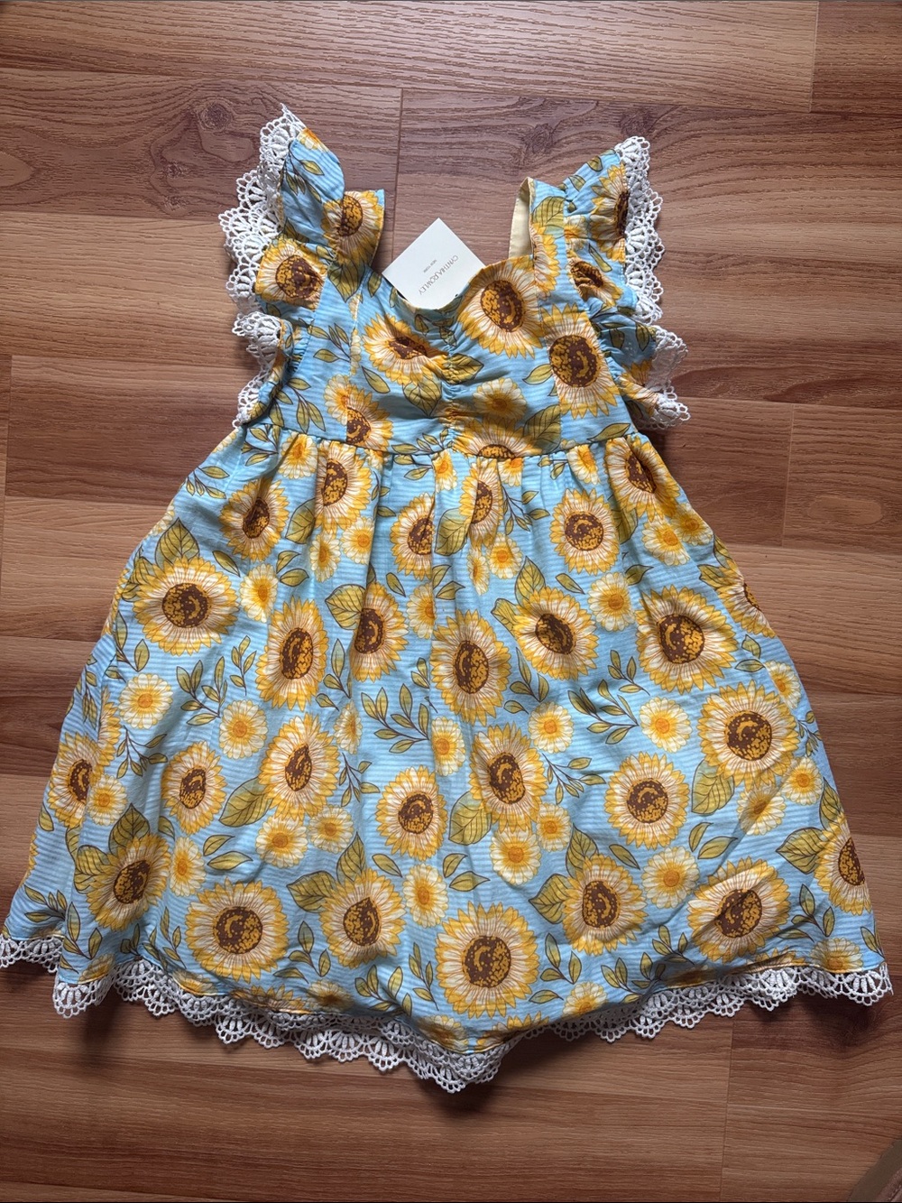 Cynthia Rowley Blue Sunflower Print Girls Dress with White Lace Trim